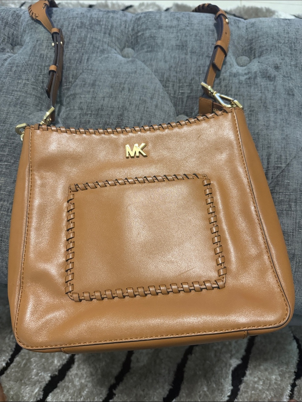 Michael Kors Cognac Leather Shoulder Bag with Whipstitch Trim